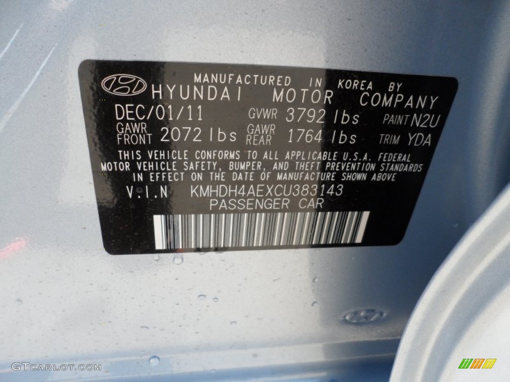 2012 Elantra Color Code N2U for Blue Sky Metallic Photo #61017544