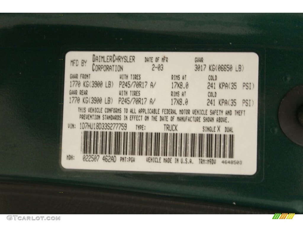 2003 Ram 1500 Color Code PGW for Timberline Green Pearl Photo #61022782