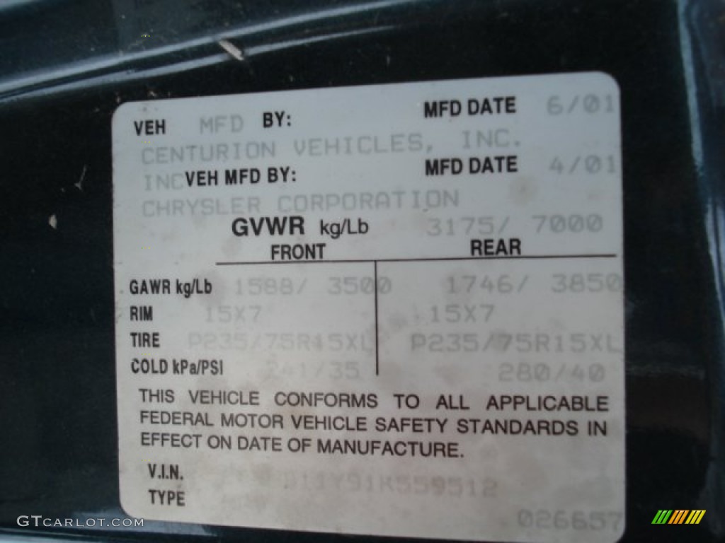 2001 Dodge Ram Van 1500 Passenger Conversion Info Tag Photos