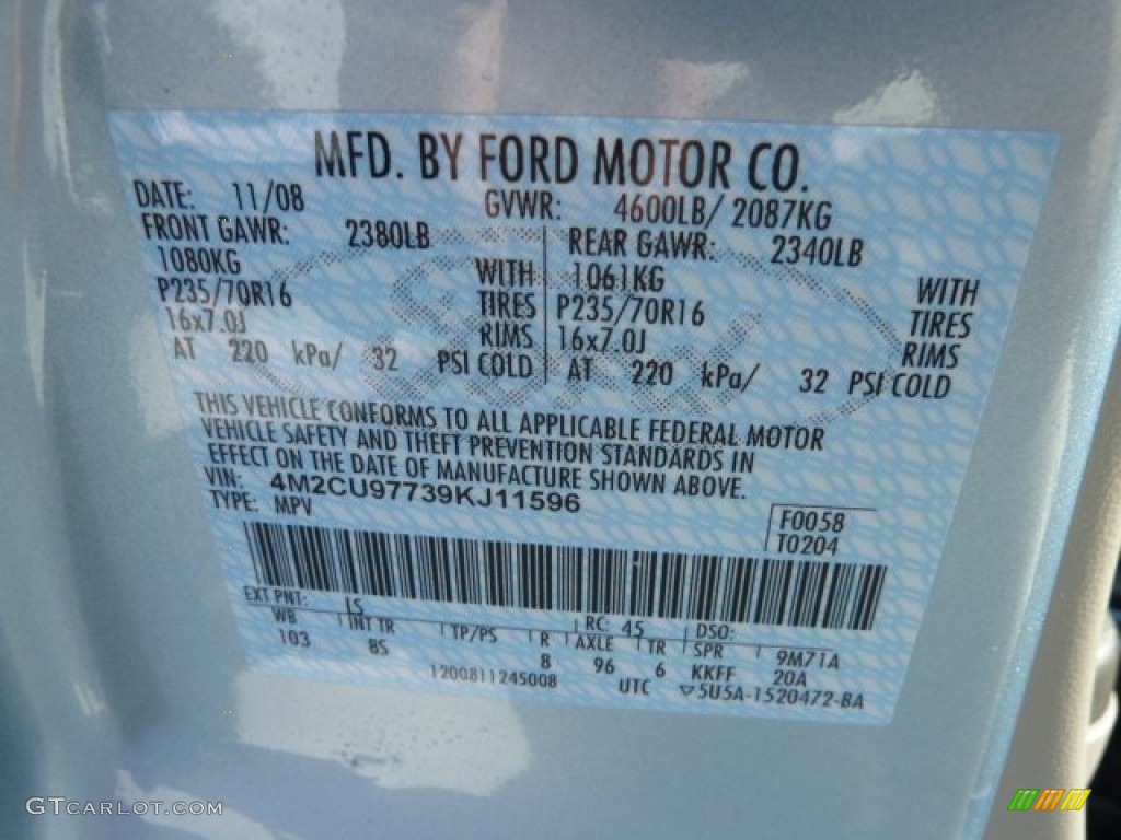 2009 Mercury Mariner Premier 4WD Color Code Photos