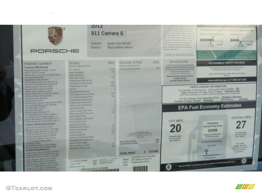 2012 Porsche New 911 Carrera S Coupe Window Sticker Photo #61028762