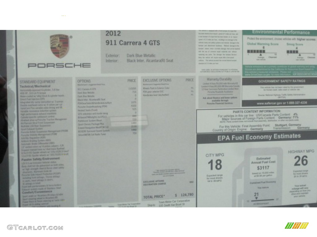 2012 Porsche 911 Carrera 4 GTS Coupe Window Sticker Photo #61029043