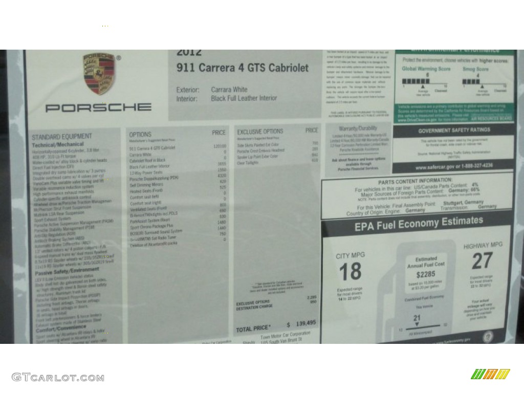 2012 Porsche 911 Carrera 4 GTS Cabriolet Window Sticker Photo #61029145