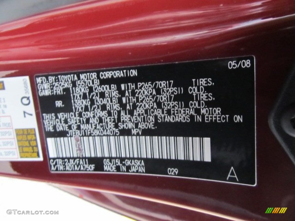 2008 FJ Cruiser Color Code 2JX for Brick Red Photo #61030348
