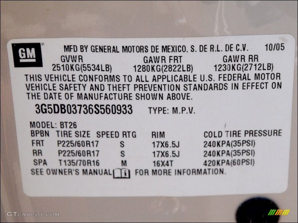2006 Buick Rendezvous CXL AWD Info Tag Photos