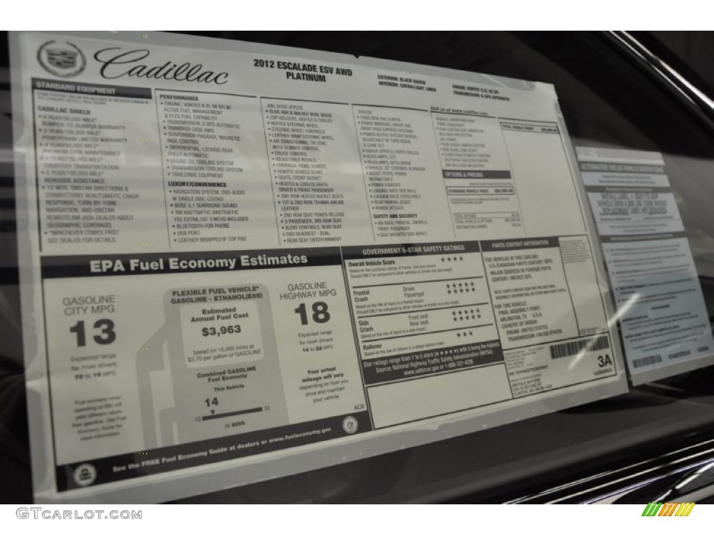 2012 Cadillac Escalade ESV Platinum AWD Window Sticker Photo #61035775
