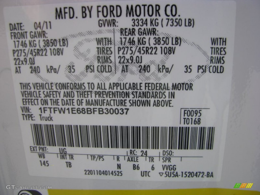 2011 F150 Color Code UG for White Platinum Metallic Tri-Coat Photo #61037519