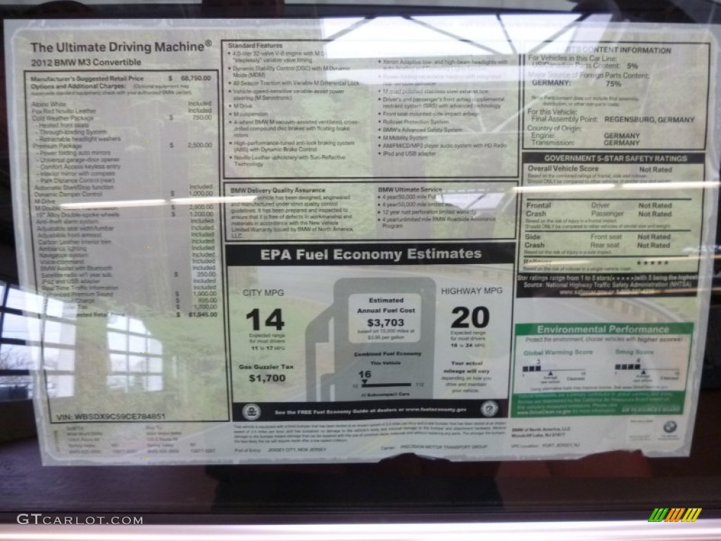 2012 BMW M3 Convertible Window Sticker Photo #61043311
