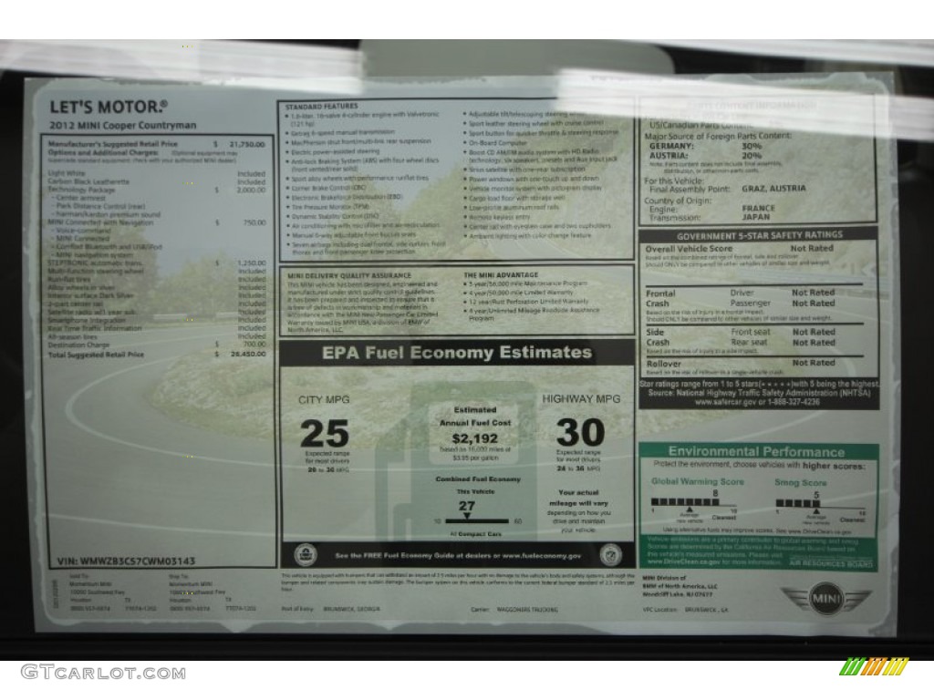 2012 Mini Cooper Countryman Window Sticker Photo #61044433