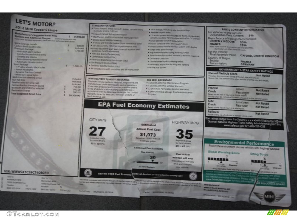 2012 Mini Cooper S Coupe Window Sticker Photo #61045636