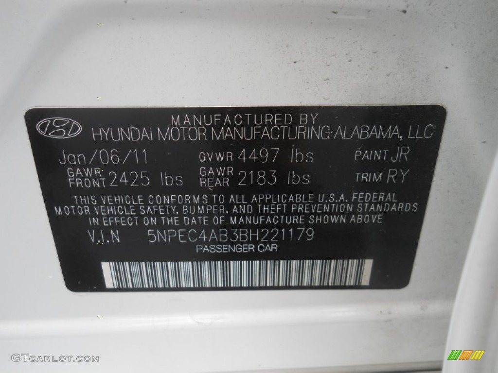 2011 Sonata Color Code JR for Pearl White Photo #61047352