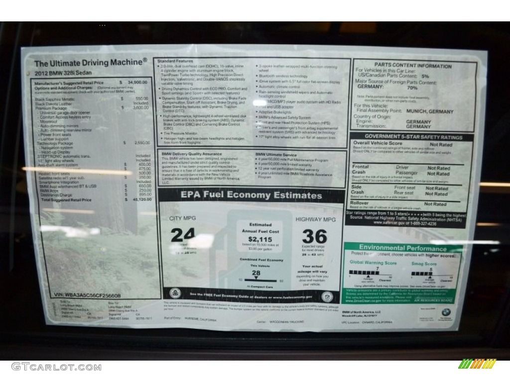 2012 BMW 3 Series 328i Sedan Window Sticker Photo #61061740