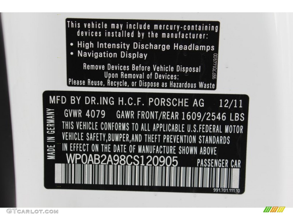 2012 Porsche New 911 Carrera S Coupe Info Tag Photo #61071540