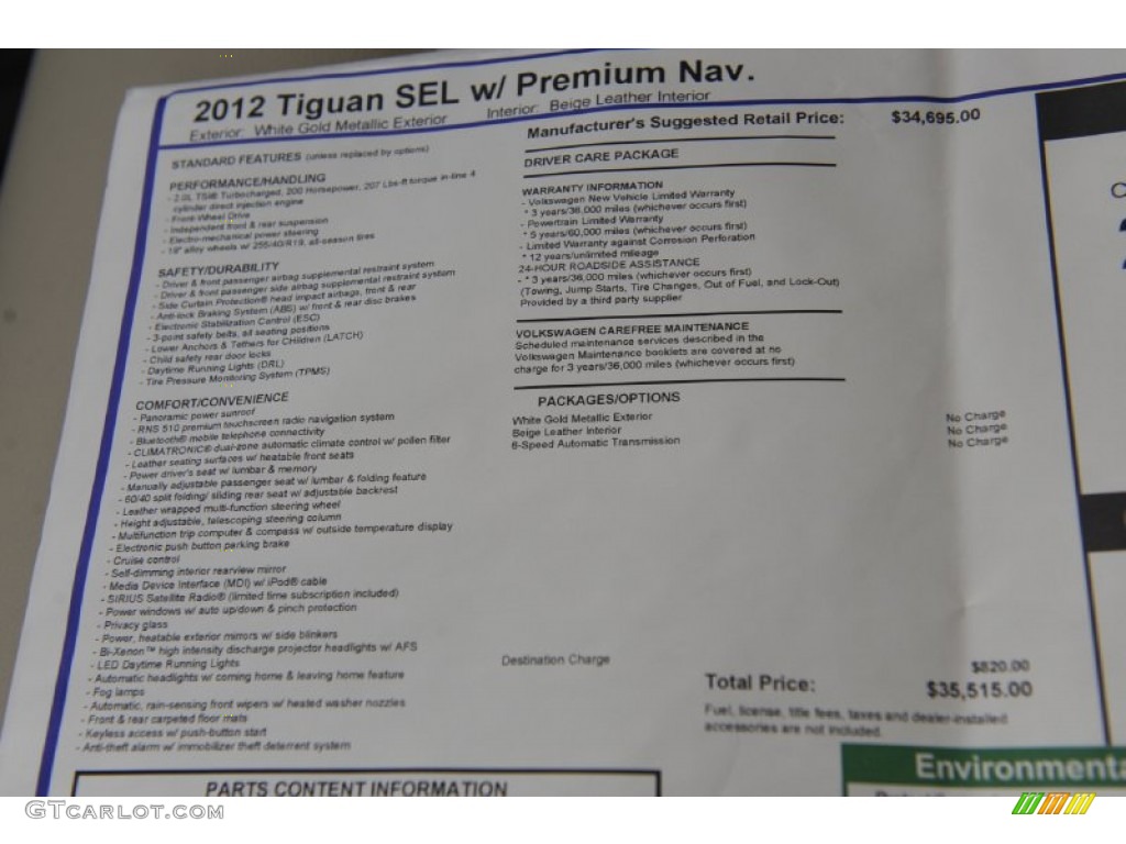 2012 Volkswagen Tiguan SEL Window Sticker Photo #61081849