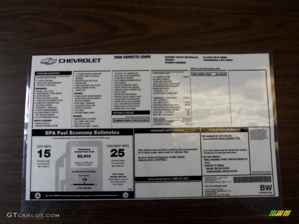2008 Chevrolet Corvette Coupe Window Sticker Photo #61090376