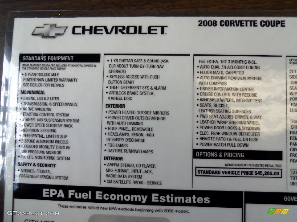 2008 Chevrolet Corvette Coupe Window Sticker Photo #61090382