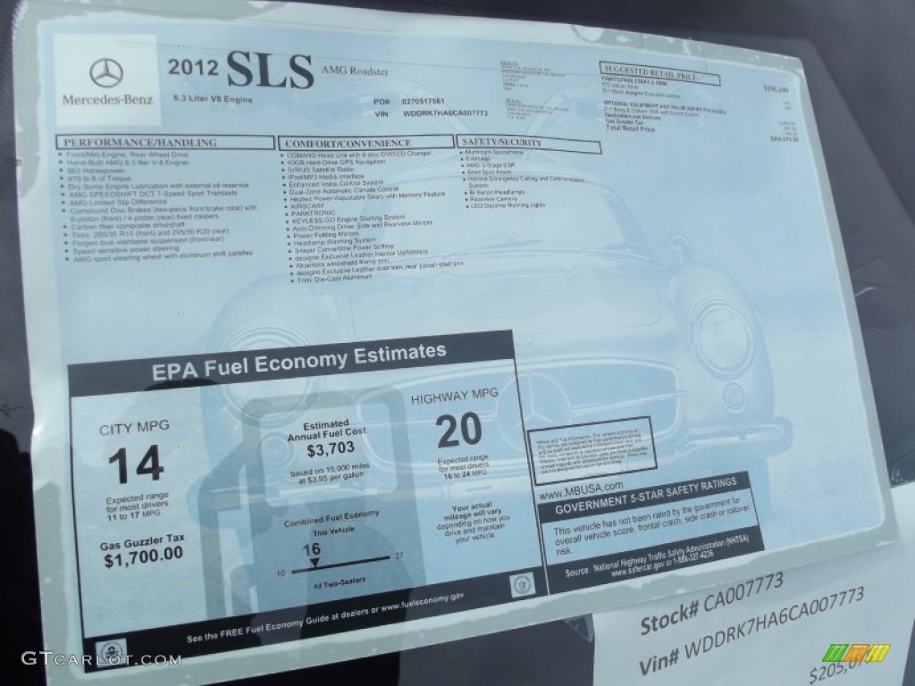 2012 Mercedes-Benz SLS AMG Roadster Window Sticker Photo #61092842