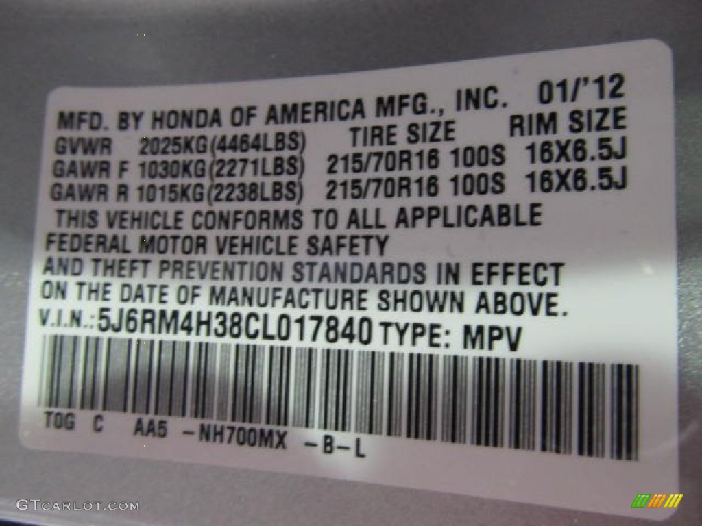 2012 Honda CR-V LX 4WD Color Code Photos