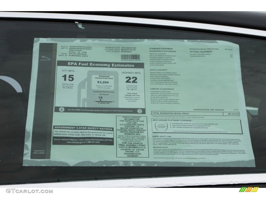 2012 Jaguar XJ XJL Portfolio Window Sticker Photo #61097365