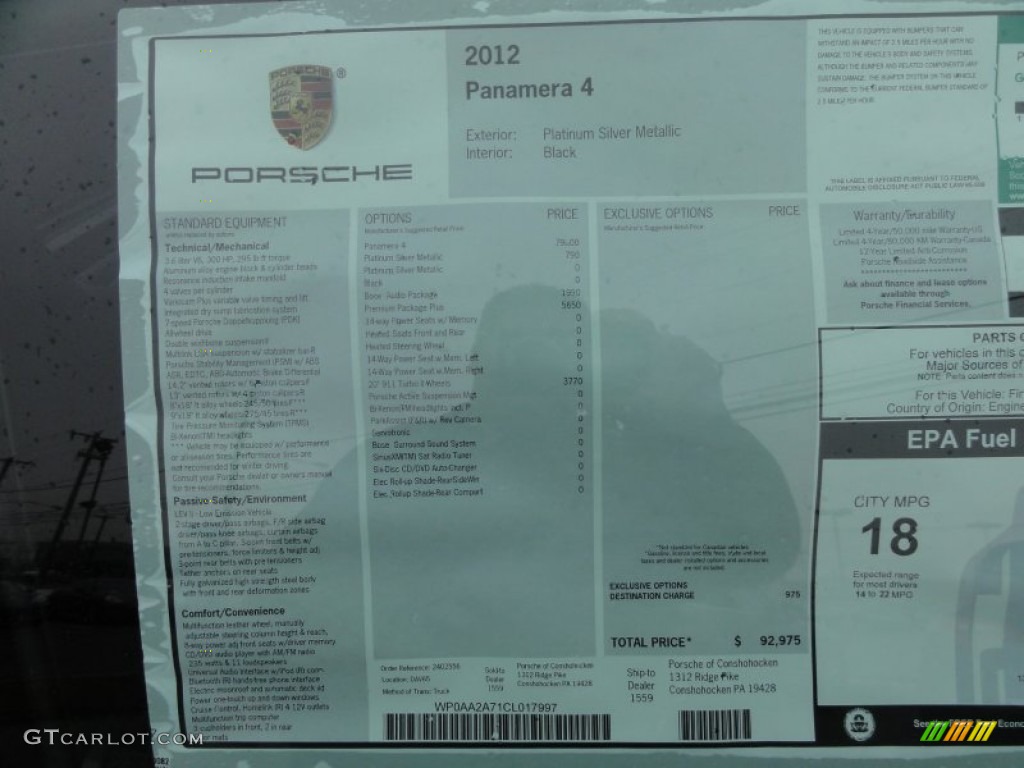 2012 Porsche Panamera 4 Window Sticker Photo #61098011