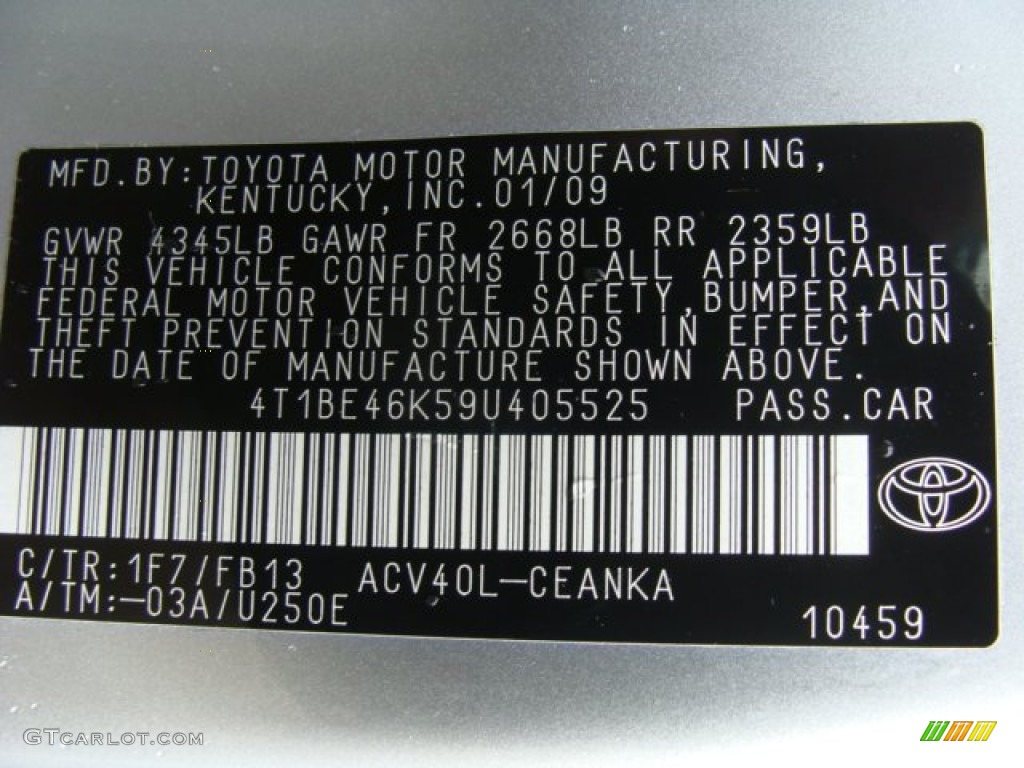 2009 Camry Color Code 1F7 for Classic Silver Metallic Photo #61098692