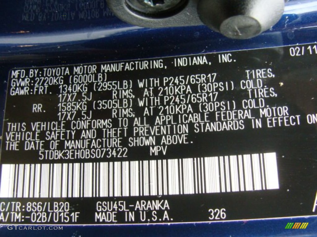 2011 Highlander Color Code 8S6 for Nautical Blue Pearl Photo #61099070