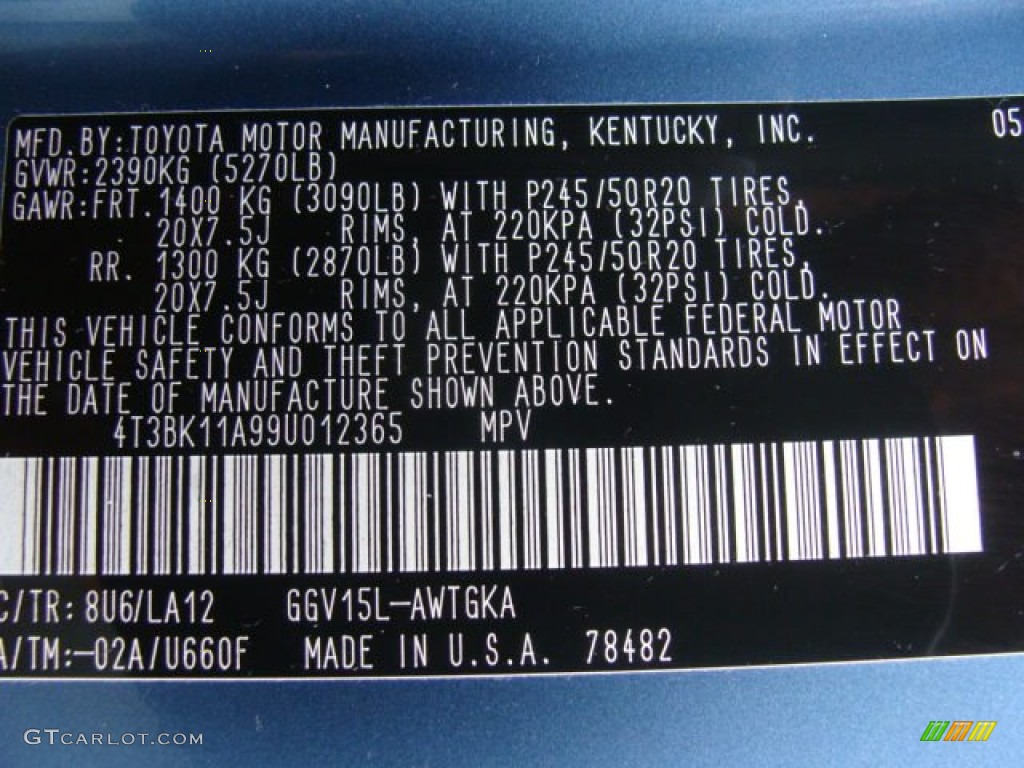 2009 Venza Color Code 8U6 for Tropical Sea Metallic Photo #61099292