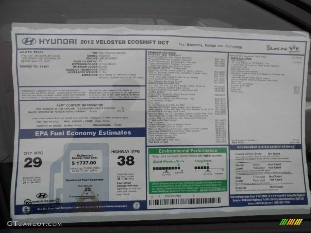 2012 Hyundai Veloster Standard Veloster Model Window Sticker Photo #61103144
