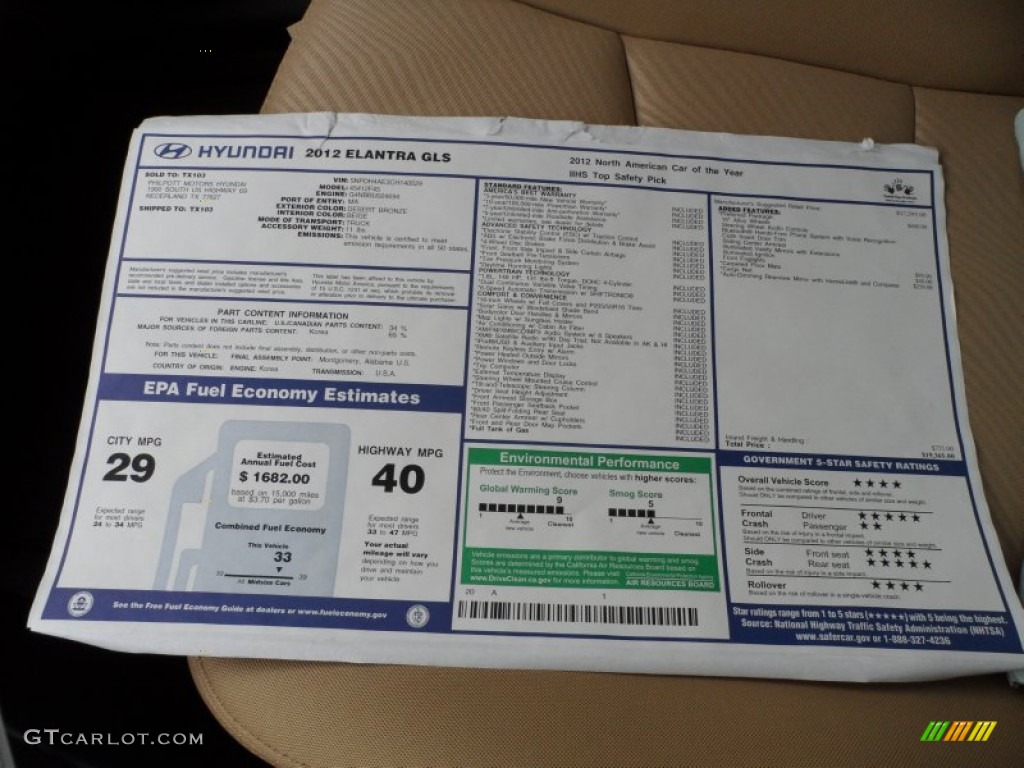 2012 Hyundai Elantra GLS Window Sticker Photo #61104115