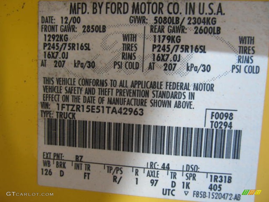 2001 Ranger Color Code BZ for Chrome Yellow Photo #61123199