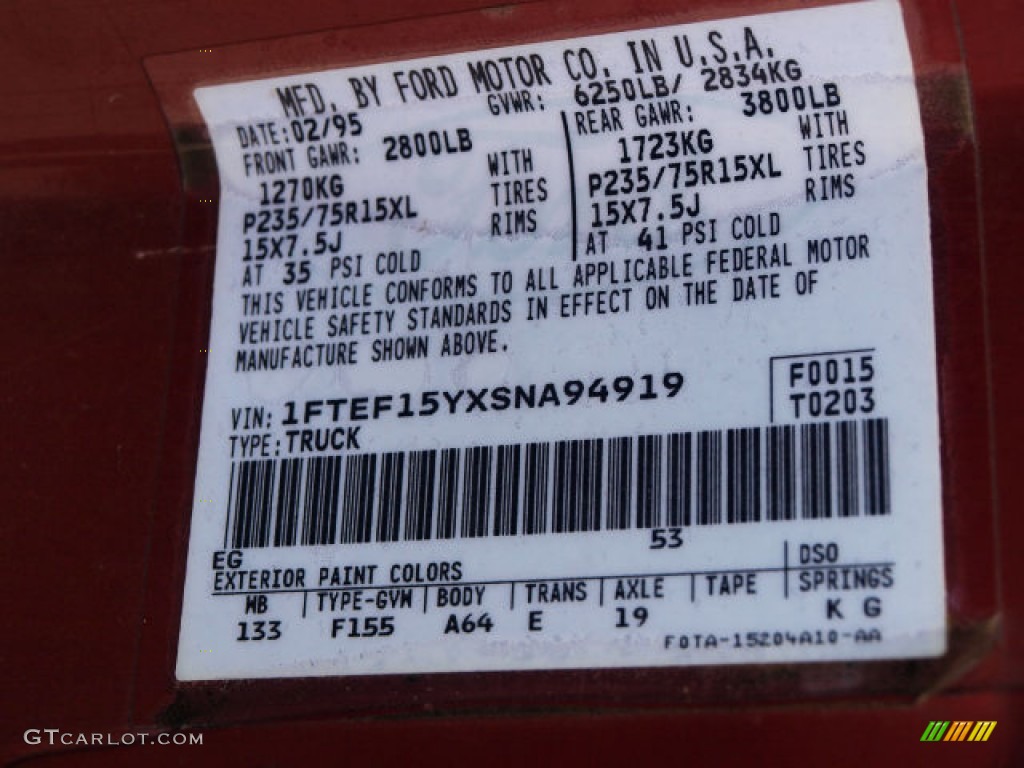 1995 F150 Color Code EG for Electric Currant Red Pearl Photo #61133060