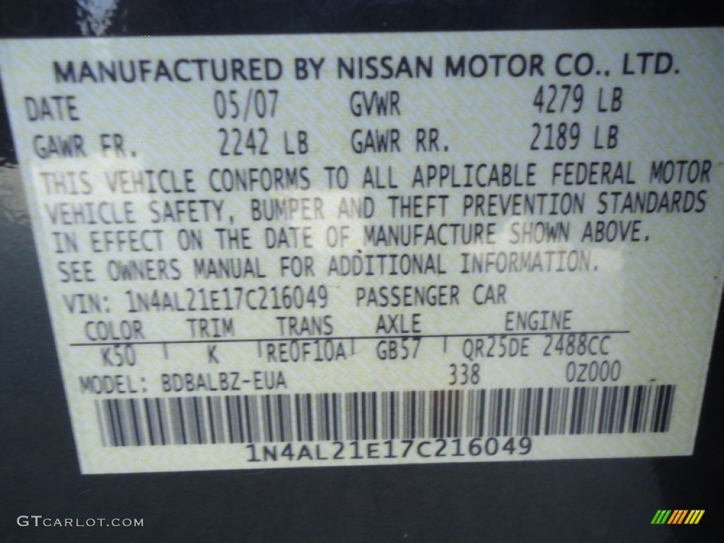 2007 Altima Color Code K50 for Dark Slate Metallic Photo #61155149