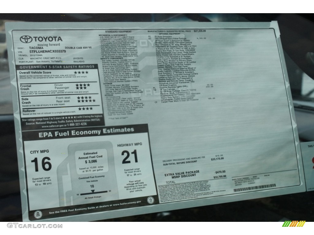 2012 Toyota Tacoma V6 TRD Double Cab 4x4 Window Sticker Photo #61155446