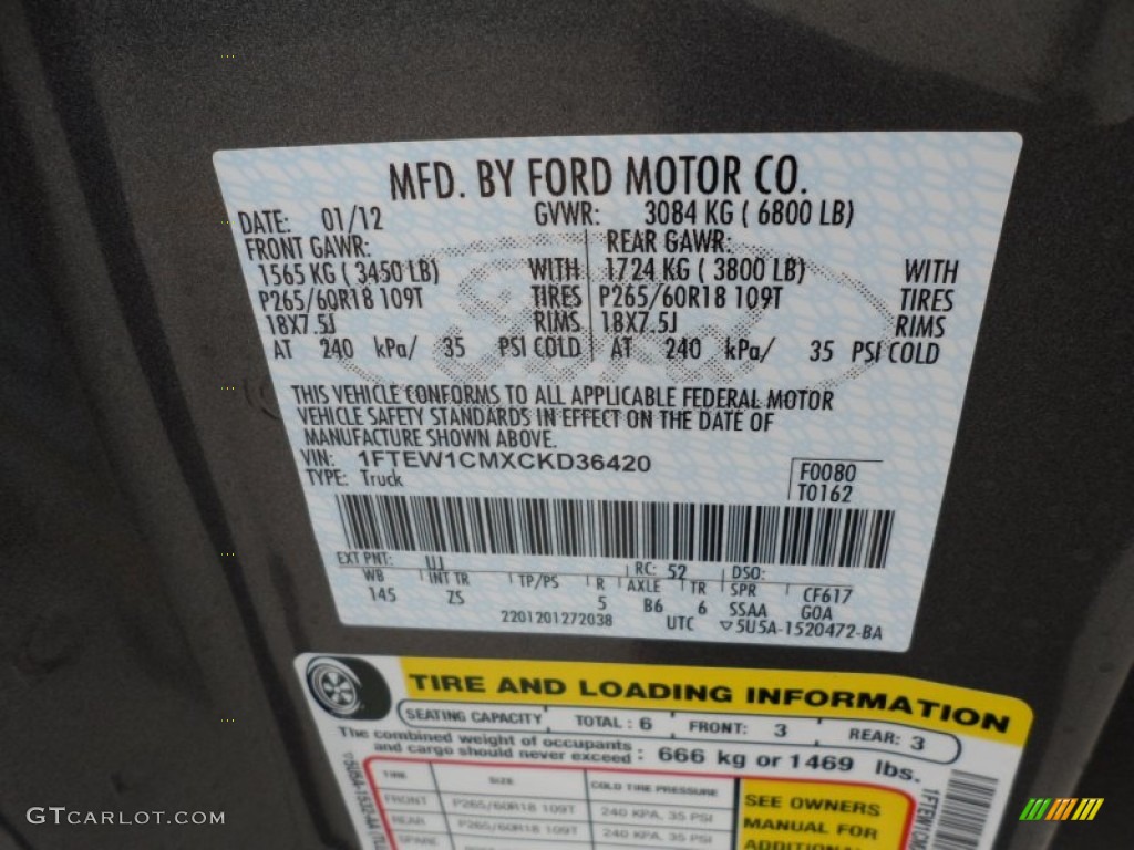 2012 F150 Color Code UJ for Sterling Gray Metallic Photo #61181212