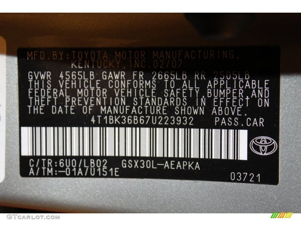 2007 Avalon Color Code 6U0 for Silver Pine Pearl Photo #61194517