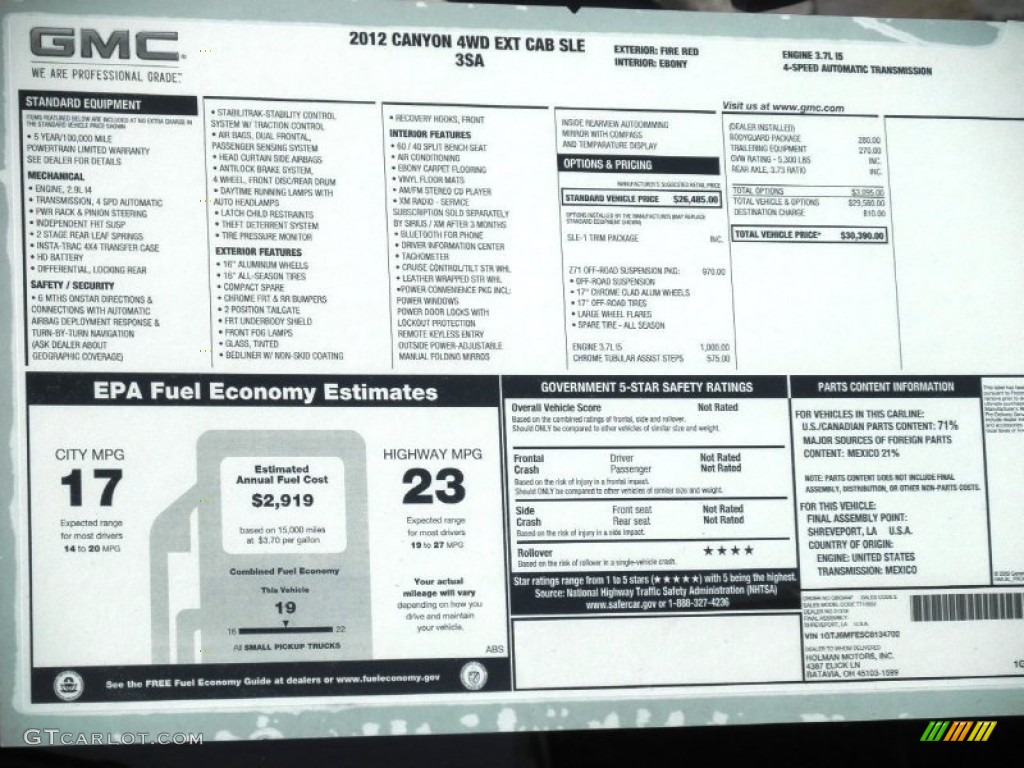 2012 GMC Canyon SLE Extended Cab 4x4 Window Sticker Photo #61201792