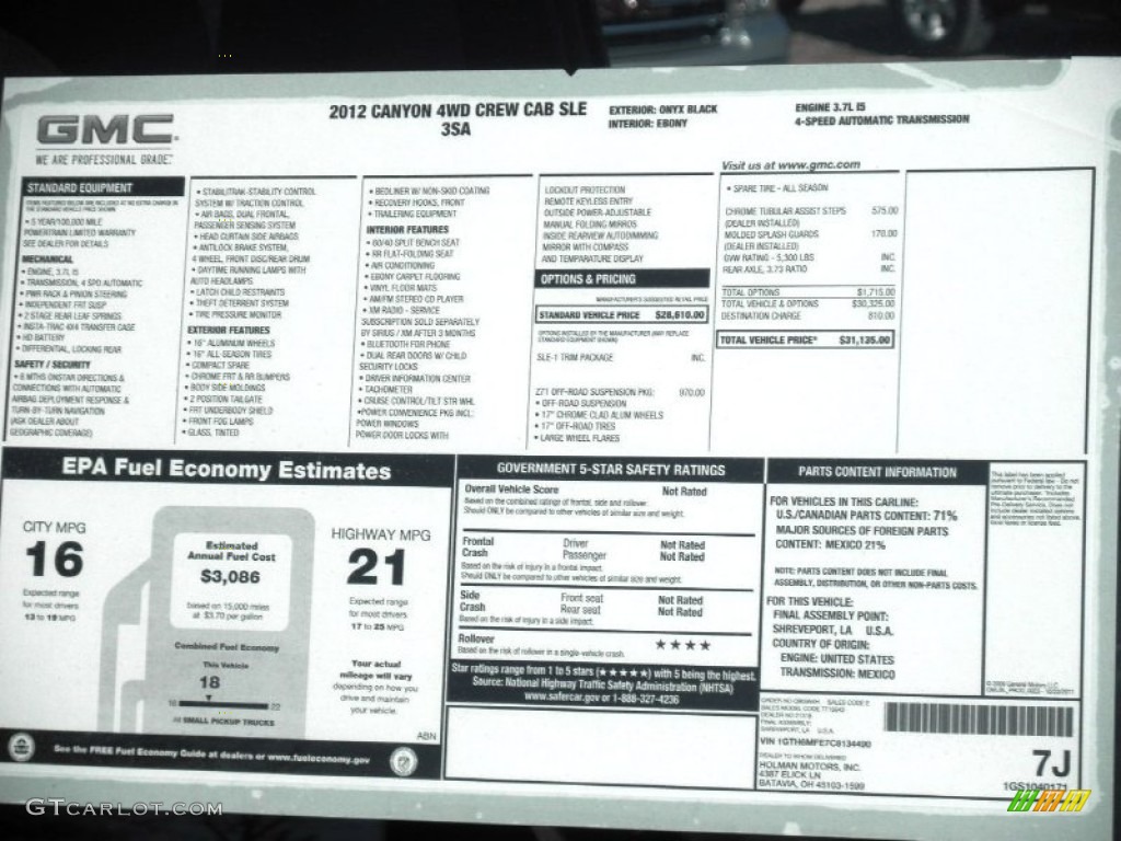 2012 GMC Canyon SLE Crew Cab 4x4 Window Sticker Photos