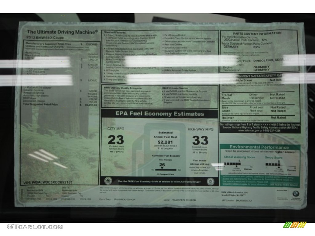 2012 BMW 6 Series 640i Coupe Window Sticker Photos