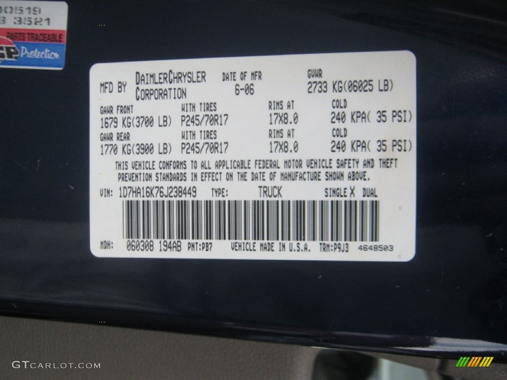 2006 Ram 1500 Color Code PB7 for Patriot Blue Pearl Photo #61221460