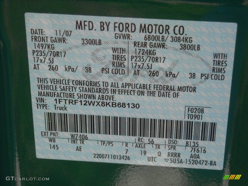 2008 F150 Color Code W7406 for Fleet Green W7406 Photo #6122662