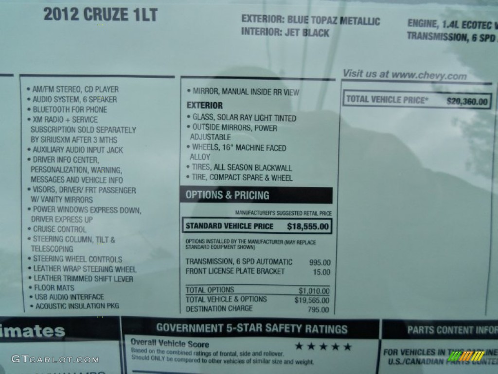 2012 Chevrolet Cruze LT Window Sticker Photo #61235167