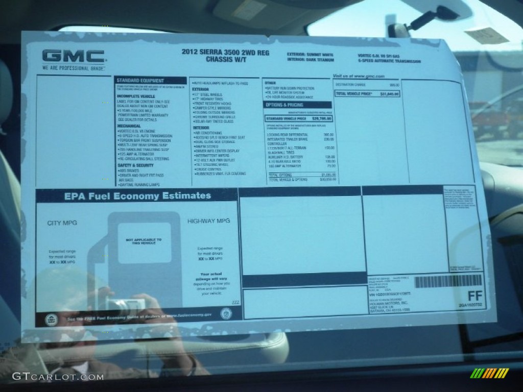 2012 GMC Sierra 3500HD Regular Cab Dually Chassis Window Sticker Photos