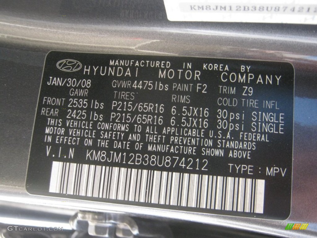 2008 Hyundai Tucson GLS Color Code Photos