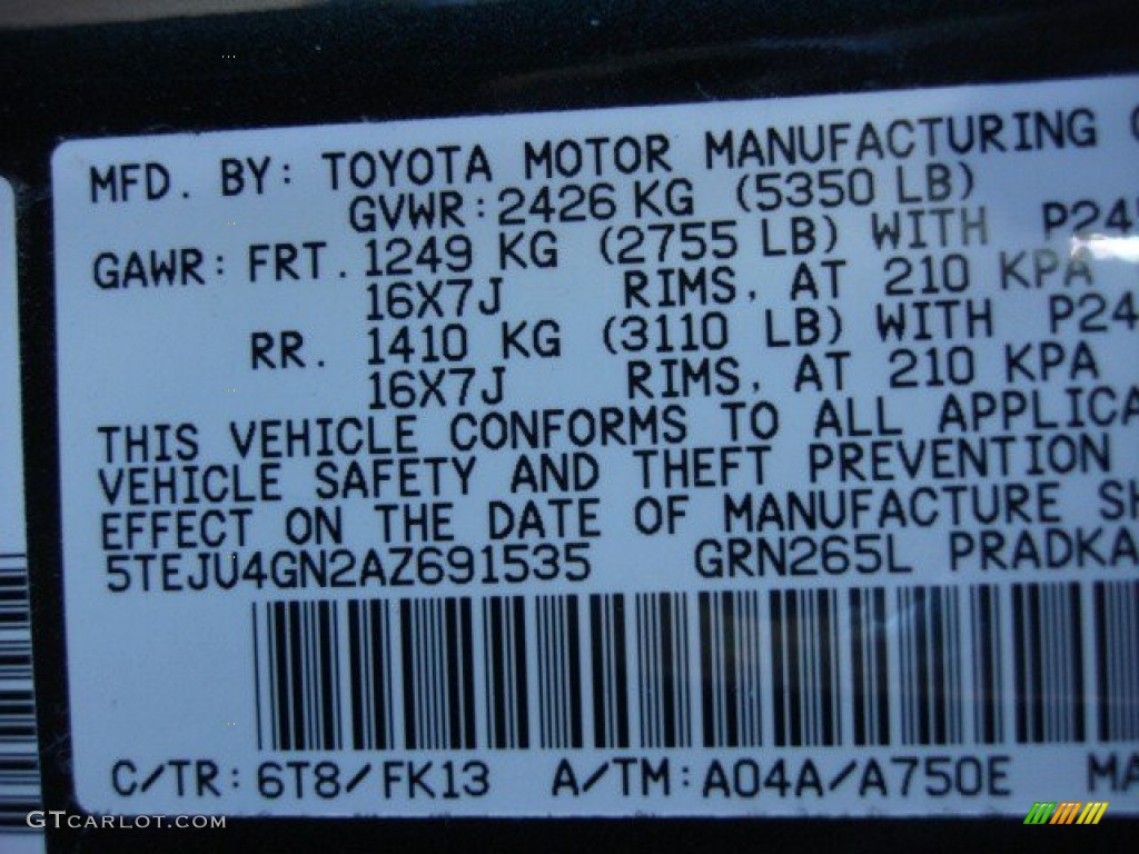 2010 Tacoma Color Code 6T8 for Timberland Mica Photo #61270358