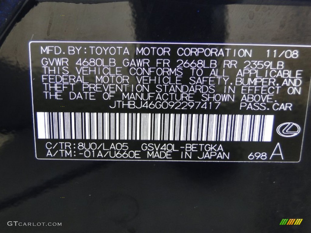 2009 ES Color Code 8U0 for Black Sapphire Pearl Photo #61271336