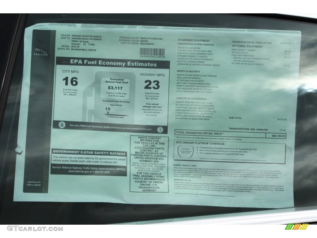 2012 Jaguar XF Standard XF Model Window Sticker Photo #61278617