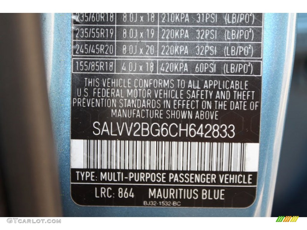2012 Range Rover Evoque Color Code 864 for Mauritius Blue Metallic Photo #61279076