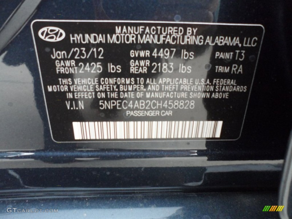 2012 Sonata Color Code T3 for Pacific Blue Pearl Photo #61283405