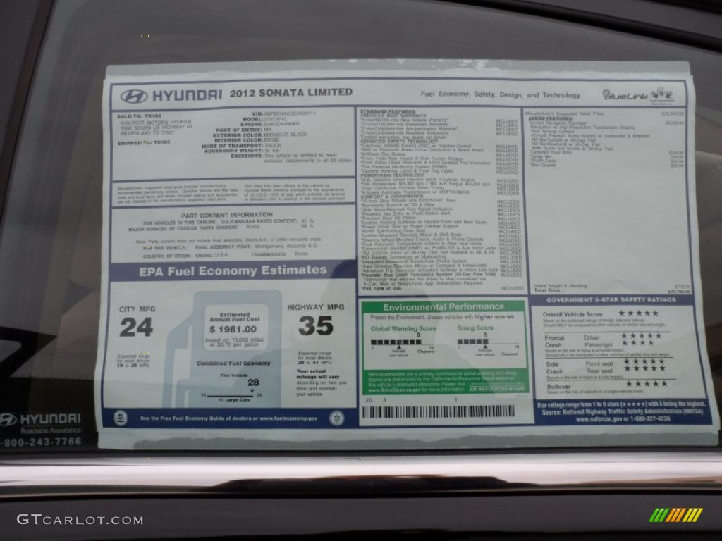 2012 Hyundai Sonata Limited Window Sticker Photo #61285100