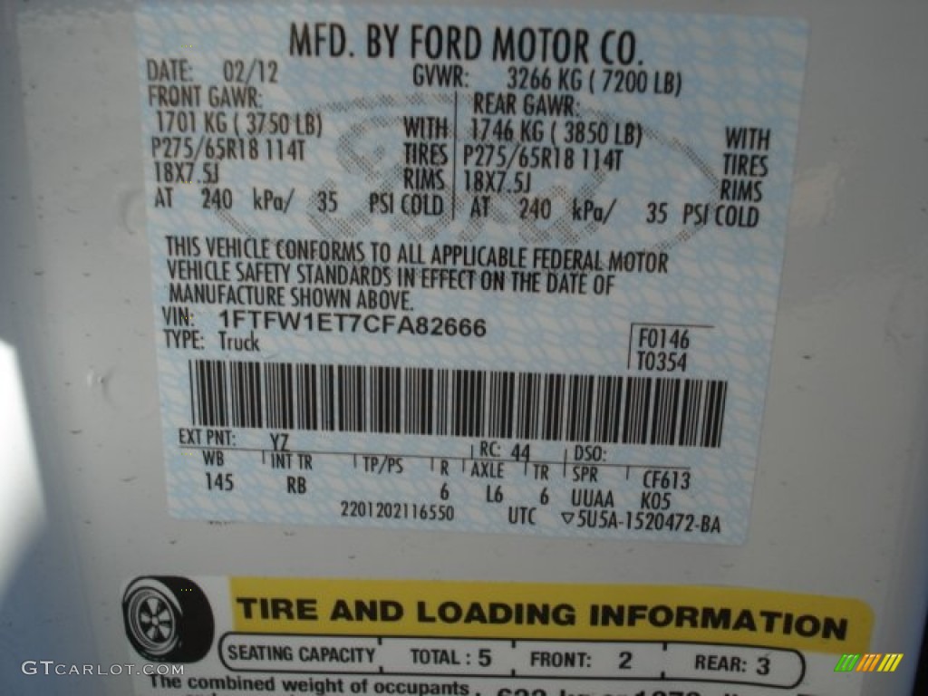 2012 F150 Color Code YZ for Oxford White Photo #61286684